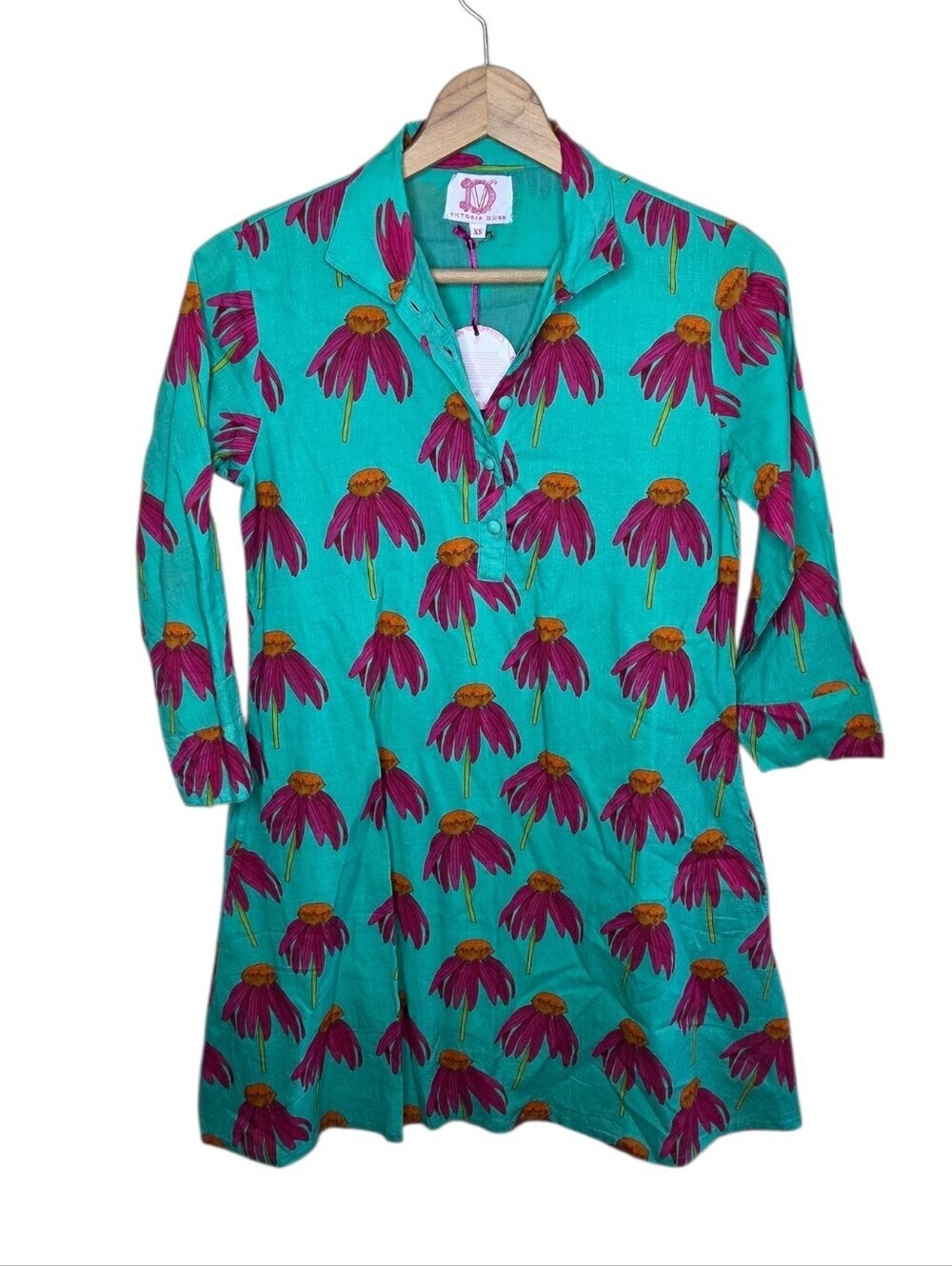 Victoria Dunn Turquoise Pink Orange Coneflower Print Cotton Dress Size XS NEW